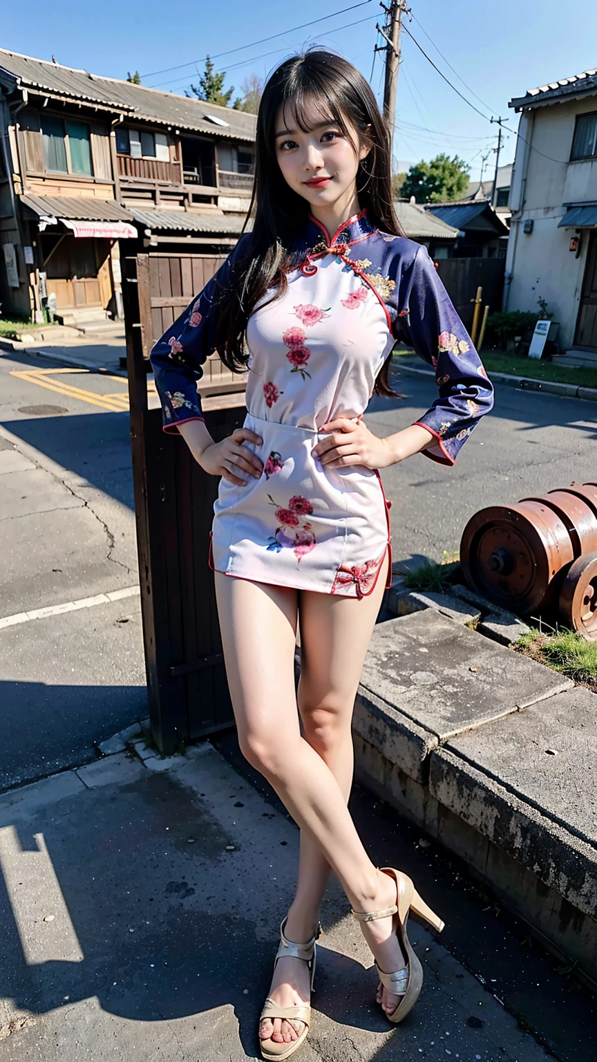 (8K、RAW Photos、Highest quality、masterpiece:1.2)、(Realistic、Realistic)、1 Girl、((Long cheongsam:1.2、Thin legs、whole body、View from the front、smile、Looking into the camera、Stand with hands on hips))、cute、((The background is slums))、Accurate Fingers、Pictures for leg lovers to masturbate to