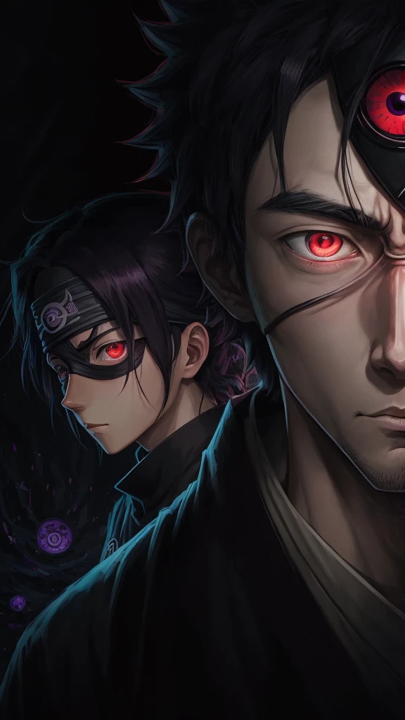 bioluminescent Masashi Kishimoto Manga style portrait of obito uchiha with sharingan and Rinningan, 1 eye red sharingan, other eye purple Rinningan, exquisite detail especially in the eyes.