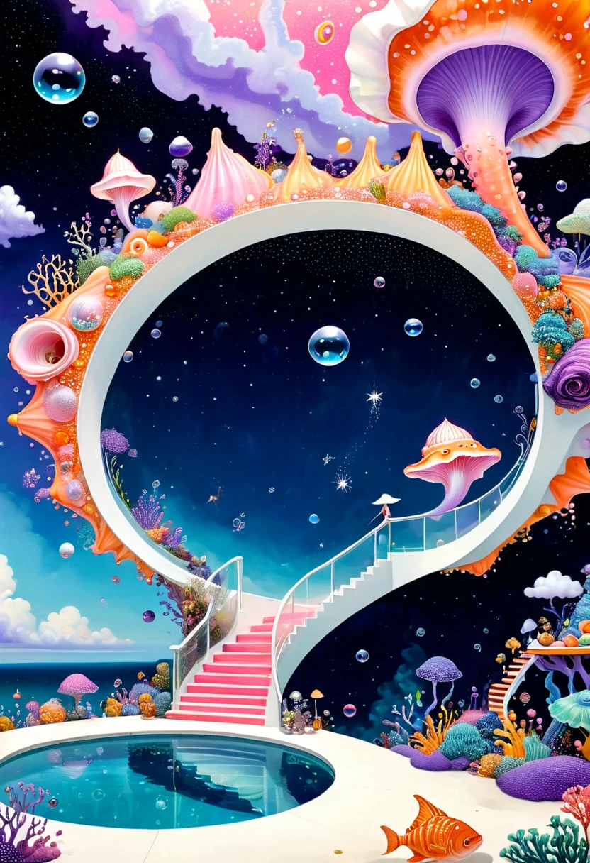 "Dick Ellescas Artist Style",3D transparent conch swimming pool in the sky,沐浴的章fish,Platform、Swimming ring、Starry Sky、cloud,fish、Tentacles、bird、Eye、Soap bubbles,diatom,Spiral Staircase,People silhouette、Stitching together an abstract painting,Describing the inner world of autistic people,Sense of space,White Space,interesting,Innocence,Psychedelic Art,Dense pointillism,Pink theme,Bold contrasts,Purple and Orange