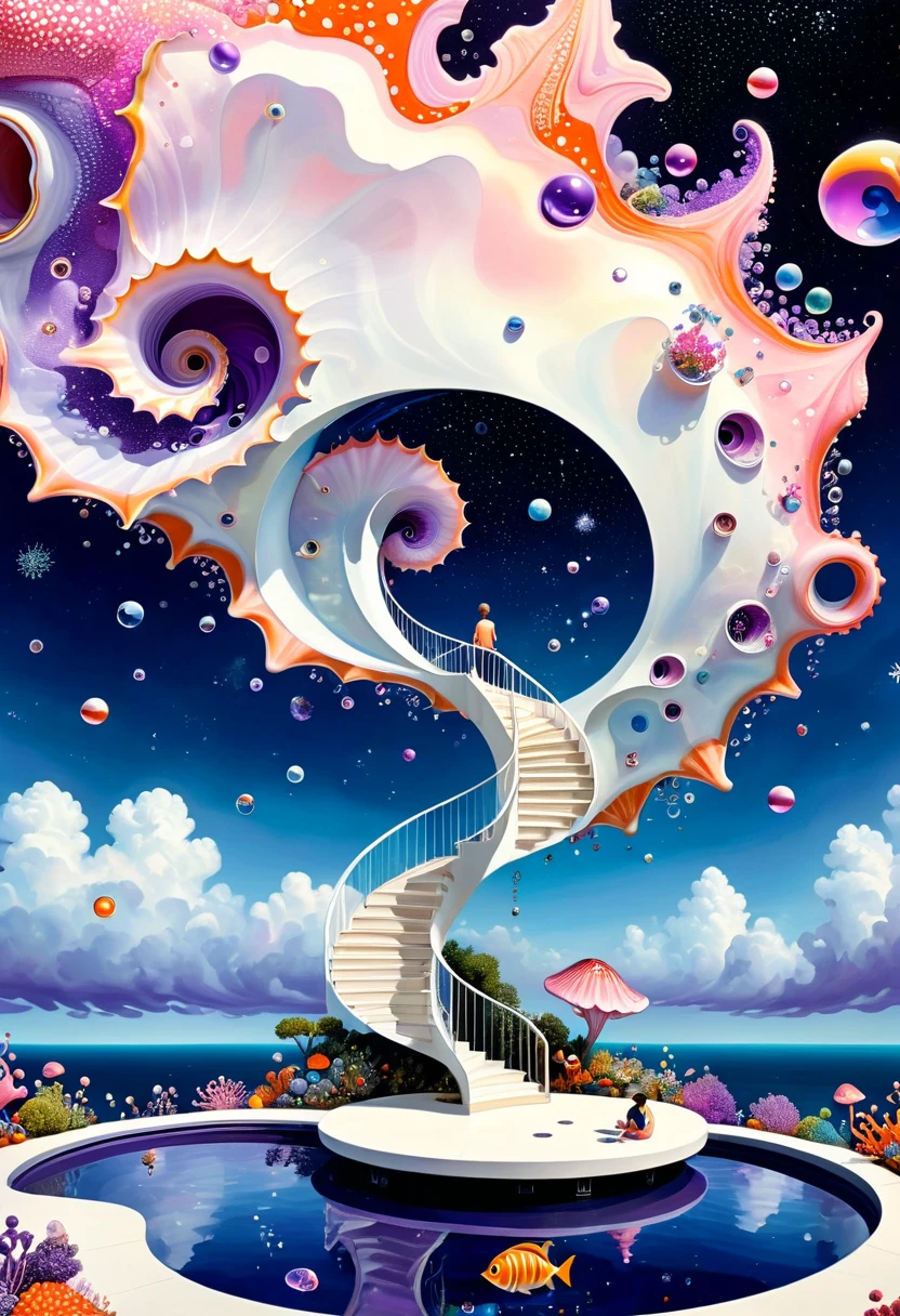 &quot;Dick Ellescas Artist Style&quot;,3D transparent conch swimming pool in the sky，沐浴的章fish，Platform、Swimming ring、Starry Sky、cloud，fish、Tentacles、bird、Eye、Soap bubbles，diatom，Spiral Staircase，People silhouette、Stitching together an abstract painting，Describing the inner world of autistic people，Sense of space，White Space，interesting，Innocence，Psychedelic Art，Dense pointillism，Pink theme，Bold contrasts，Purple and Orange