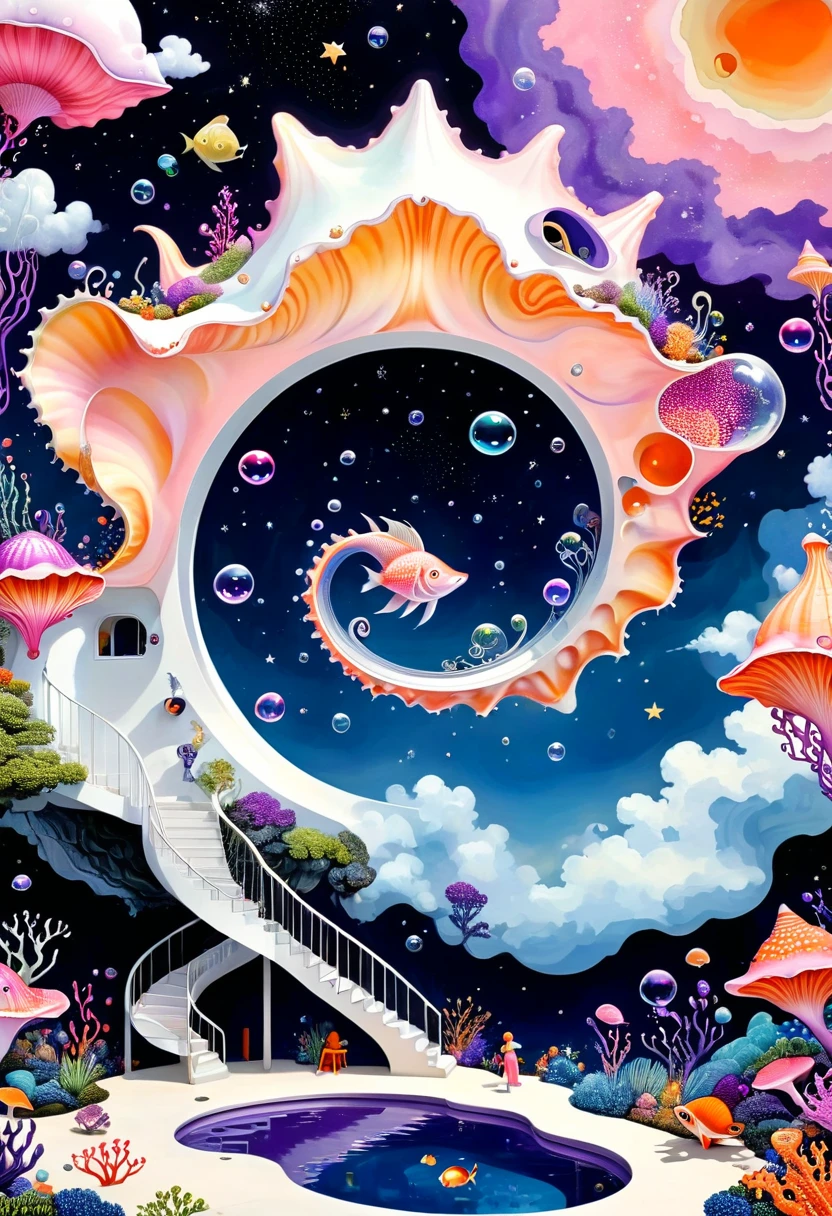 &quot;Dick Ellescas Artist Style&quot;,3D transparent conch swimming pool in the sky，沐浴的章fish，Platform、Swimming ring、Starry Sky、cloud，fish、Tentacles、bird、Eye、Soap bubbles，diatom，Spiral Staircase，People silhouette、Stitching together an abstract painting，Describing the inner world of autistic people，Sense of space，White Space，interesting，Innocence，Psychedelic Art，Dense pointillism，Pink theme，Bold contrasts，Purple and Orange