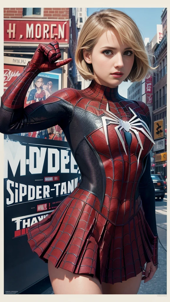 Dianna Agron、マーベルコミックの映画Poster、so beautiful、Movies about Spider-Man、sexy、whole body、Wearing a skirt、Premiere Date、Poster、belly buttonを突き出す、new york、She&#39;s wearing a ripped Spiderman suit、The suit is torn、Wearing a skirt、Red and black color scheme、dynamic、masterpiece、Highest quality、Super detailed、Very detailed、Delicate and beautiful shine、Ultra-high resolution、Cinematic、break、breakドロップ、(Torn clothes:1.5)、(Wet clothes:1.4)、Bare shoulders、Real Rain、Wet Hair、belly button、Exposed Skin、sexyな肩を披露
