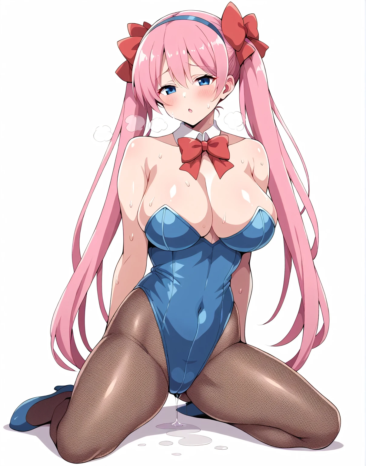 ((nsfw)),((haramura_nodoka, blue eyes, pink hair, long hair, red hairbow,twintail hair,))(Heavy breathing,blush, sweat, Sweaty and wet all over,Steam,)((dripping wet full body,Love juice drips from the crotch)),((gigantic breast)),nsfw,collar,Looking at Viewer,((Perfect body,))((Super beautiful,))((High quality,)),half open eyes,solo focus,((Thigh-high socks,sexual white bra,sexual white underwear,))(cowboy shot),((lie down on bed,backlight,))shyly,spread legs,missionary style,penis in pussy,cum dropping pussy,Playboy Bunny girl costume,fishnets pantyhose, black pantyhose,bunny rabbit ear hairband,