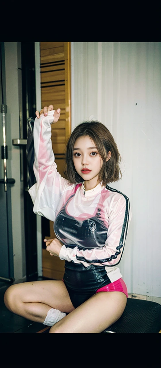 realistic、highest quality、1 girl、pink hair,short hair,saliva、,professional lighting、on lap、Being in the gym、Power Rack、long sleeve fancy yoga wear、
