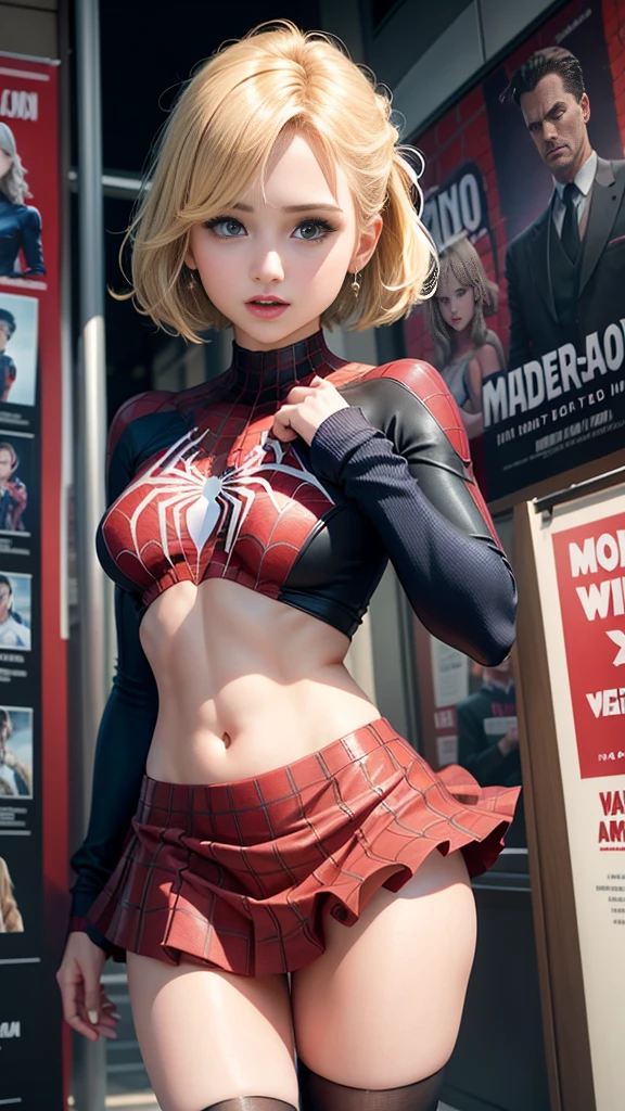 Dianna Agron、マーベルコミックの映画Poster、so beautiful、Movies about Spider-Man、sexy、whole body、Wearing a skirt、Premiere Date、Poster、belly buttonを突き出す、new york、She's wearing a ripped Spiderman suit、The suit is torn、Wearing a skirt、Red and black color scheme、dynamic、masterpiece、Highest quality、Super detailed、Very detailed、Delicate and beautiful shine、Ultra-high resolution、Cinematic、break、breakドロップ、(Torn clothes:1.5)、(Wet clothes:1.4)、Bare shoulders、Real Rain、Wet Hair、belly button、Exposed Skin、sexyな肩を披露