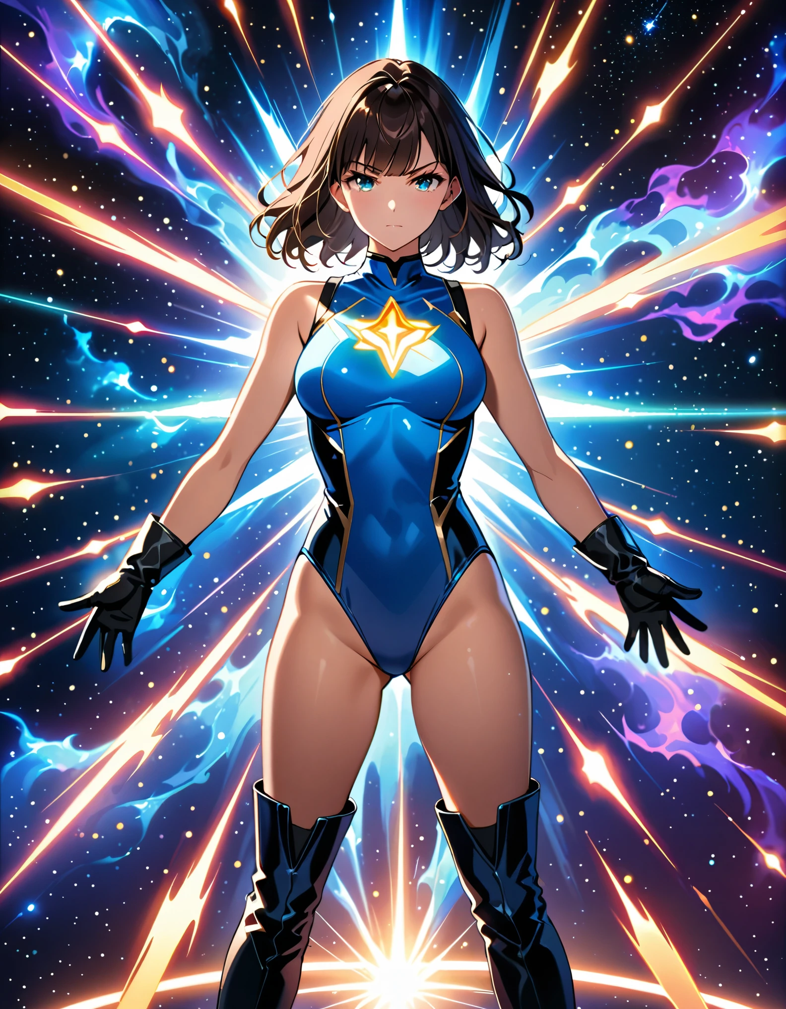 Create an image of a girl, wearing a sleeveless leotard, bare legs, medium breasts, and (matching gloves and boots). she is a (black-haired brunette with bangs, and hazel eyes, wearing a (vibrant blue leotard) with a (taurus\(astrological sign\) (symbol) on her chest). she is standing with legs apart and raised arms, each surrounded by a glowing aura. outer space backdrop, cowboy shot, serious. masterpiece, best quality, hires. diffraction spikes, light particles.
