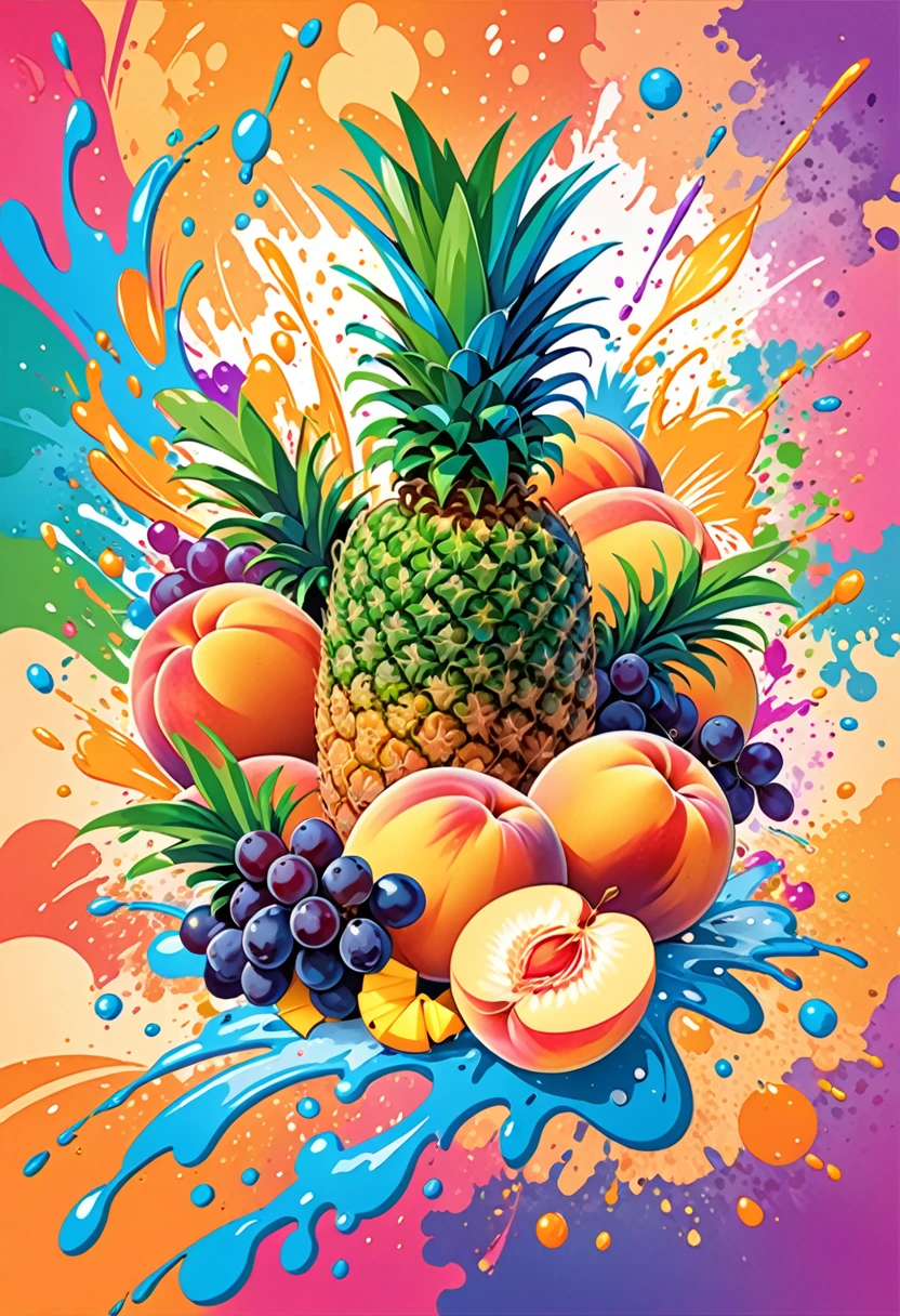 vectorial art, With many colorful illustrations of peaches, grapes and pineapple, At the center, swirly vibrant colors, paint splashes and smears, high détail,Hawaiian style background