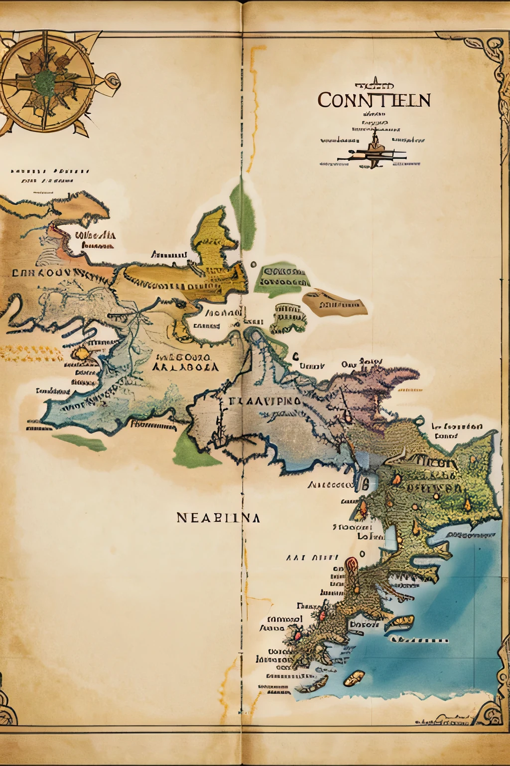 a map as if it were drawn on a scroll but with colors, fantasy style, If a continent is divided into three great empires