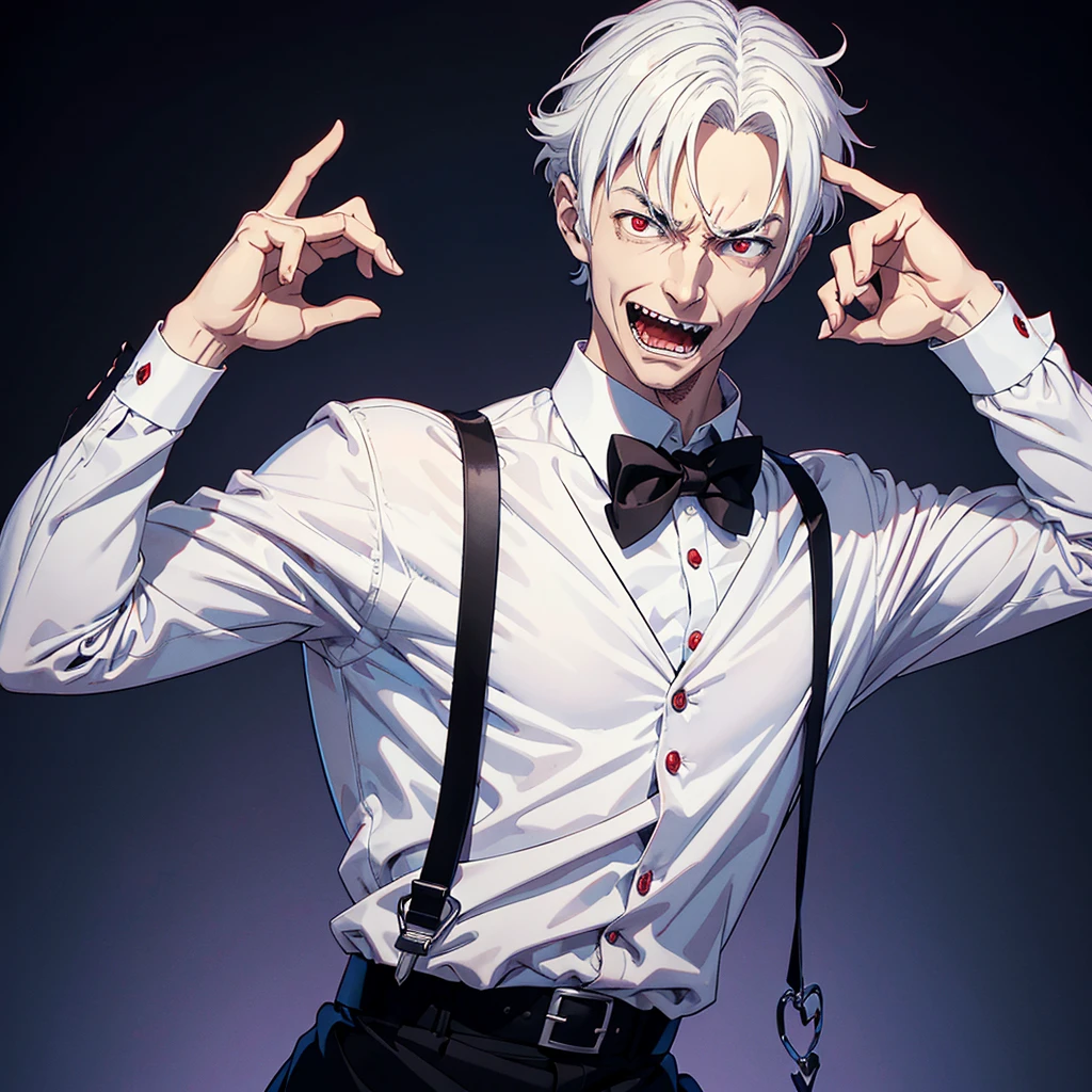 hypnotis maker comics Man. ((Standing)) His hands is up and fingers towards us, (He is standing) He is making hypnosis. He has Red eyes and white short hair, wearing white, his hands up and a bow tie. he is making hypnosis with his hand. Dracula style. comics anime style ((entire body)) (sarcastic face expressions) 