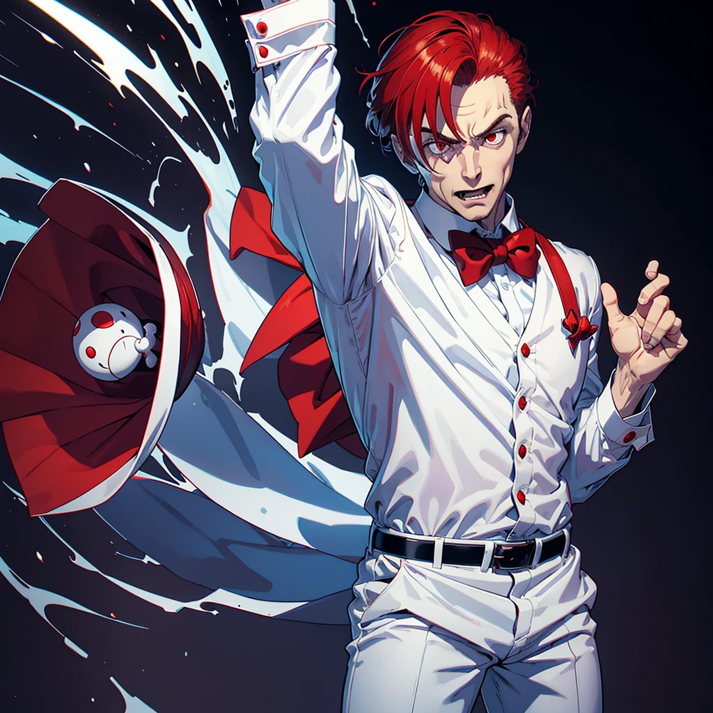 hypnotis maker comics Man. ((Standing)) His hands is up and fingers towards us, (He is standing) He is making hypnosis. He has Red eyes and white short hair, wearing white, his hands up and a bow tie. he is making hypnosis with his hand. Dracula style. comics anime style ((entire body)) (sarcastic face expressions)