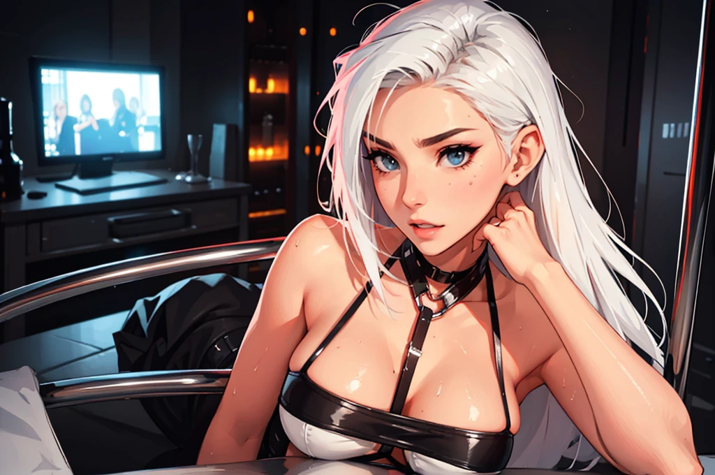 (lifelike, high - resolution:1.3), 1 girl with a perfect body,slender body, Super fine face and eyes,assasin, dark makeup, shiny skin,white hair, (girl caught in a sex machine),Expose cleavage, (sex machine, restrained, bound, bdsm, object insertion, smachine) (wet skin, shiny skin), horizontal, landscape