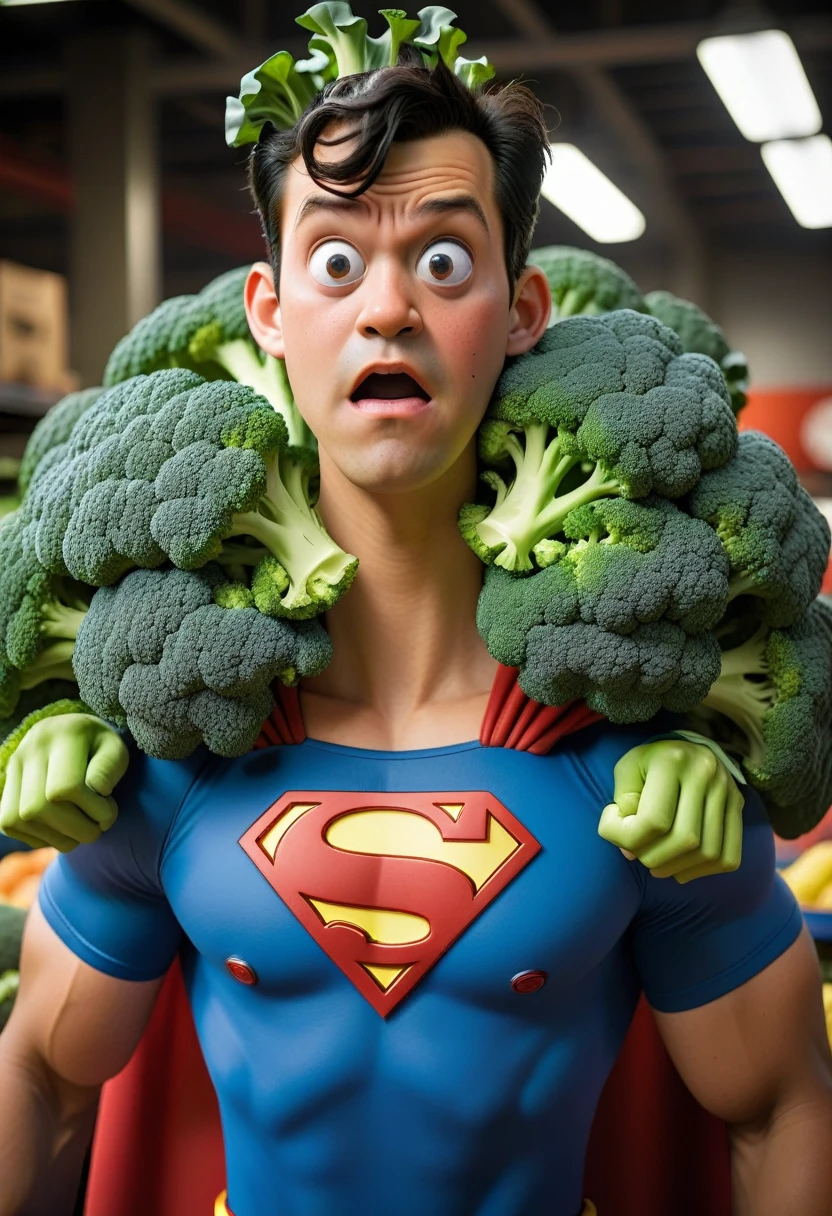 Pixar-style, one men, as a pixar character, weird face, super man style superhero dress, on the chest wears a symbol of a broccoli logo style (best qualityer), (work of art), (better lighting), (highly detailed skin:1.0),( detailedeyes), 8k hd, dslr, soft lighting, best qualityer, Film grain, Fujifilm XT3,