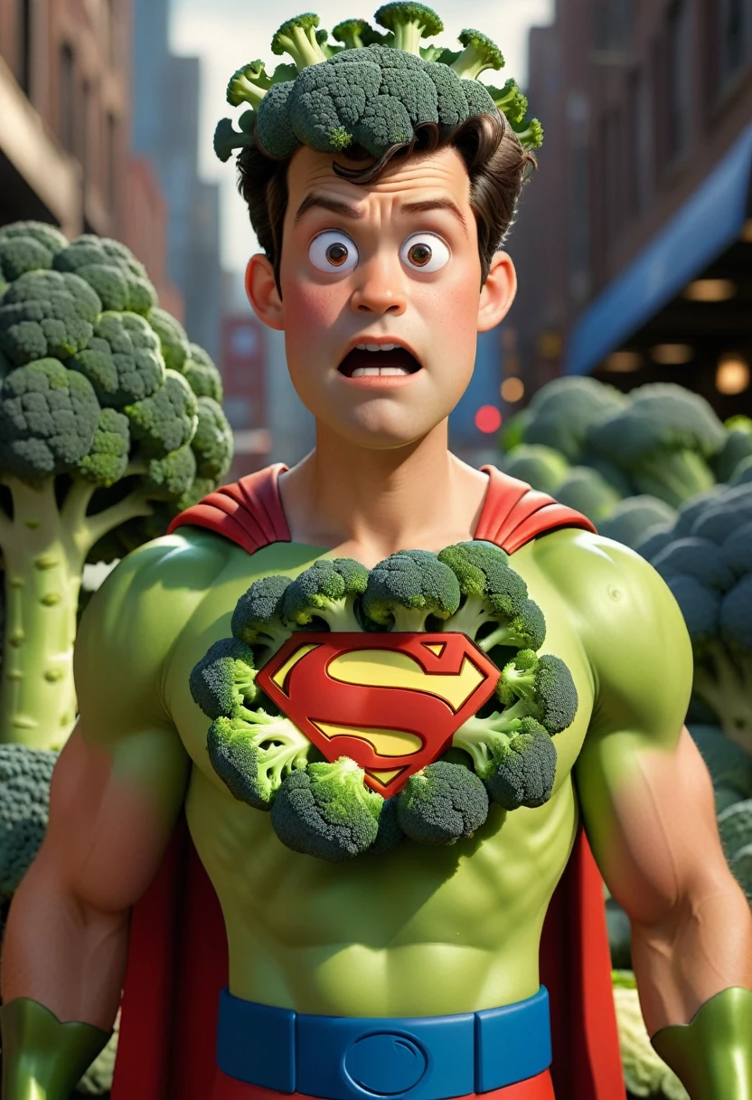Pixar-style, one men, as a pixar character, weird face, super man style superhero dress, on the chest wears a symbol of a broccoli logo style (best qualityer), (work of art), (better lighting), (highly detailed skin:1.0),( detailedeyes), 8k hd, dslr, soft lighting, best qualityer, Film grain, Fujifilm XT3,