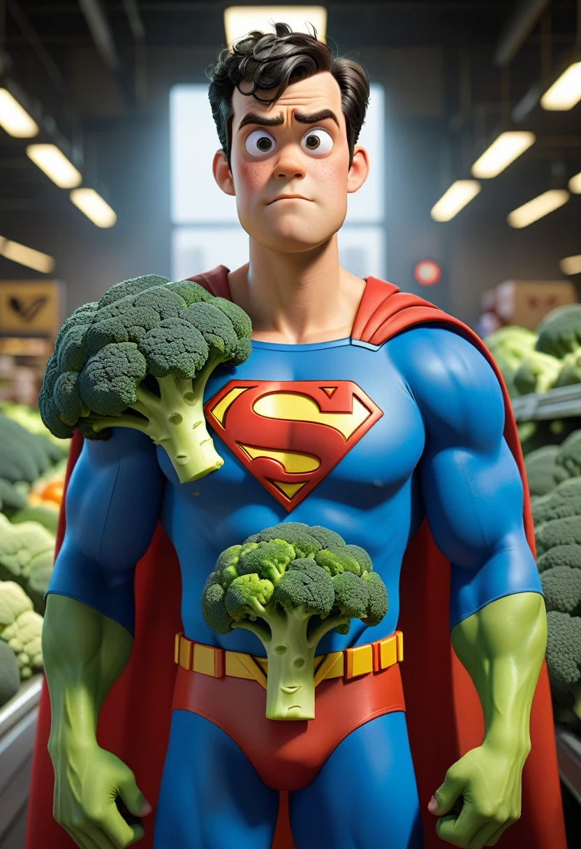 Pixar-style, one men, as a pixar character, weird face, super man style superhero dress, on the chest wears a symbol of a broccoli logo style (best qualityer), (work of art), (better lighting), (highly detailed skin:1.0),( detailedeyes), 8k hd, dslr, soft lighting, best qualityer, Film grain, Fujifilm XT3,
