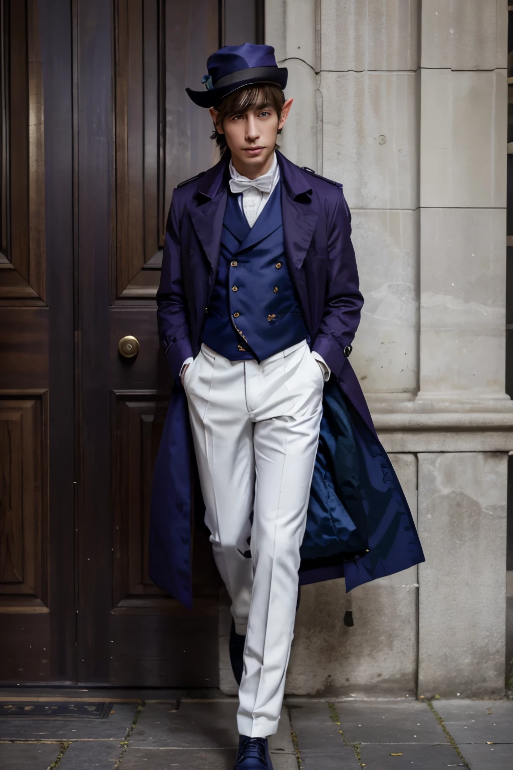 a half elf, Bardo, who uses a recorder, with purple trench coat, dark blue vest, a formal hat that matches his vest, White pants, and dark shoes, with a not very long belly, anime style.