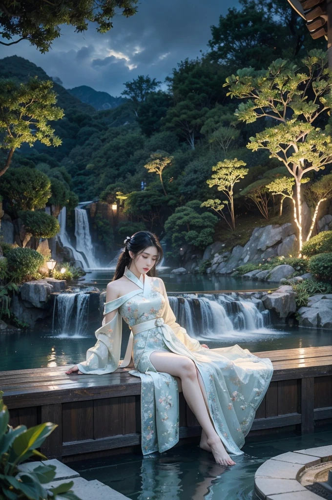 (((best quality))),(((ultra detailed))),(((masterpiece))),illustration,1girl, traditional Chinese dress, serene courtyard, older man, natural hot spring, steam, dreamlike atmosphere, summer night, long black hair, ethereal beauty, delicate features, porcelain skin, intricate floral pattern, slender figure, graceful curves, silver streaks, wise appearance, elegant robe, leisurely life, manicured gardens, traditional architecture, waterfall sound, soothing backdrop, lush greenery, vibrant flowers, quiet conversation, melodic voices, laughter, deep connection, mutual respect, enigmatic photo, frozen moment, private connection, solitude, bustling world, story imagination, dynamics, unexpected beauty,night scene