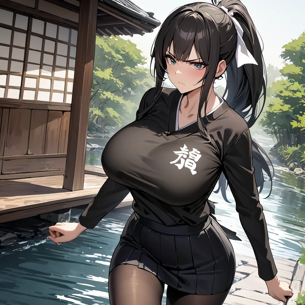 A woman wearing a black shirt with white kanji writing on the shirt, black skirt, transparent black tights, ponytail hair, black hair, long hair, white bow in her hair, serious face, big breasts, walking outside a Japanese house traditional, with trees, and river. place of day,.HDR, ultra resolution, well defined, masterpiece, 8K HD. (solo woman)
