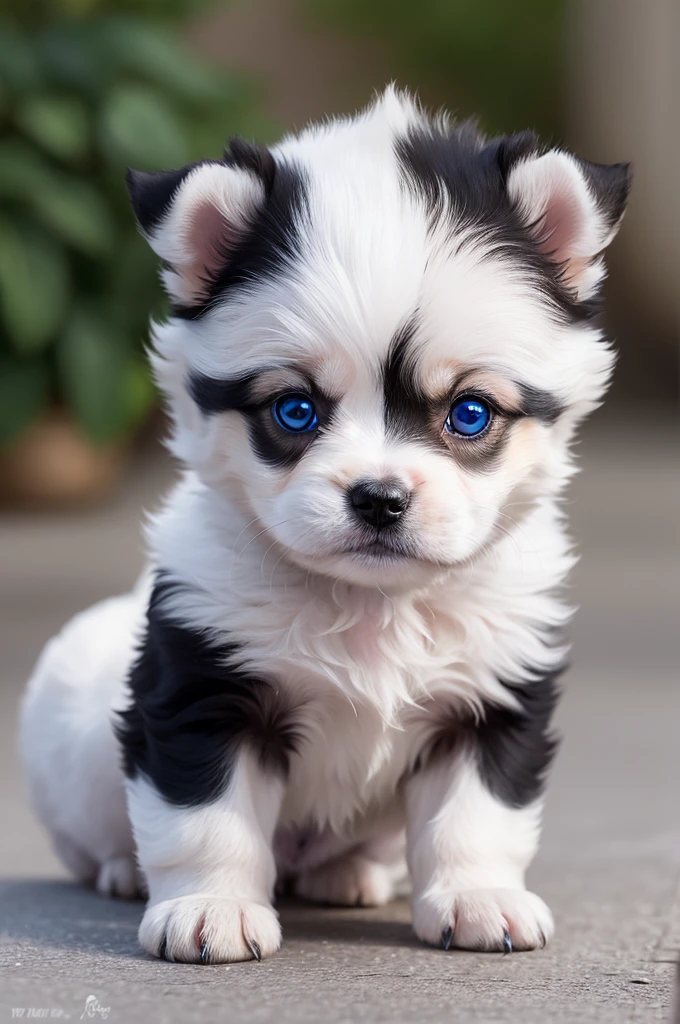 A small puppy with white fur and black spots, blue eyes