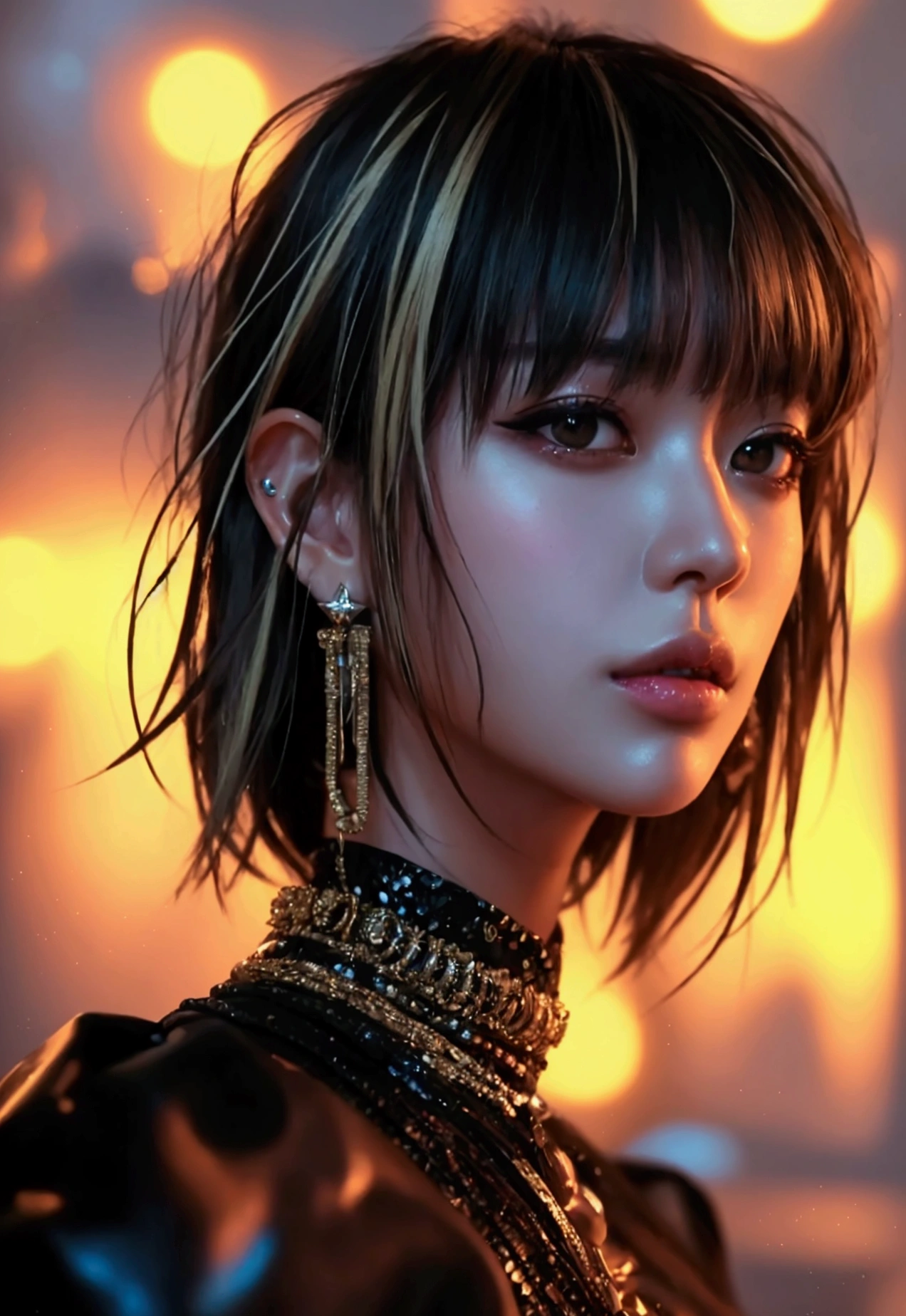 “A close-up portrait of a stylish woman with smoky eye makeup and glossy nude lips. She has the face of Kumi Koda and long, straight hair with blonde highlights. The background is dark, and she is wearing statement jewelry, including rings and earrings, with an edgy, glamorous vibe. The text ‘VISÉE’ with star motifs is prominently displayed in the foreground in a metallic, 3D style.”
