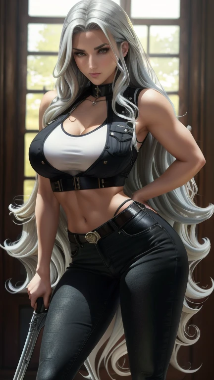 wavy silver hair that cascades to the middle of her back.  Brown eyes.  Slim and athletic build.  She was wearing a black jeans. black military vest and low-cut white blouse. Weapon in a left arm. Very Busty. 