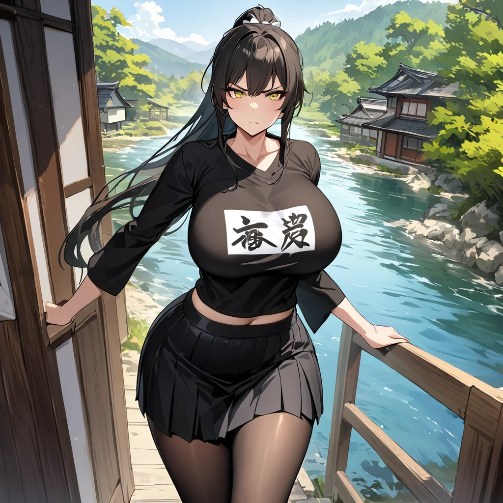 A woman wearing a black shirt with white kanji writing on the shirt, black skirt, yellow eye, transparent black tights, ponytail hair, black hair, long hair, white bow in her hair, serious face, big breasts, walking outside a Japanese house traditional, with trees, and river. place of day,.HDR, ultra resolution, well defined, masterpiece, 8K HD. (solo woman)