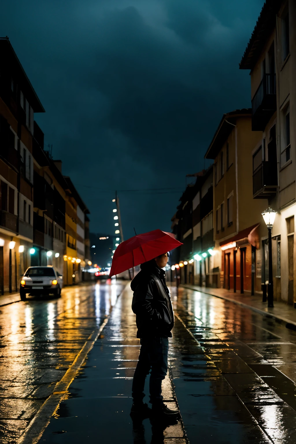In a rainy August landscape, a boy is standing in the center of the image. The rain falls softly around them, creating a melancholic atmosphere. The boy, with an expression of sadness and reflection, She wears a red bracelet on her wrist that stands out intensely in the scene., symbolizing your connection and feelings towards the person you miss.
The boy está de pie en una calle desierta, with dim lights of street lamps reflecting in the puddles. He is dressed in casual clothes, with a jacket and hood, partially wet from rain. His gaze is directed downwards, as if he were deep in thought.
In the background, you can see shadows of buildings and trees, creating an urban but lonely environment. The full moon shines behind the clouds, adding a touch of hope and light to the scene.
Additional details:
The red bracelet may have a slight shine or flash, attracting attention and highlighting its importance.
Raindrops can reflect light from streetlights, creating a beautiful and nostalgic visual effect.
The boy puede estar sosteniendo algo pequeño en la otra mano, like a note or a photograph, symbolizing memories and farewell.
