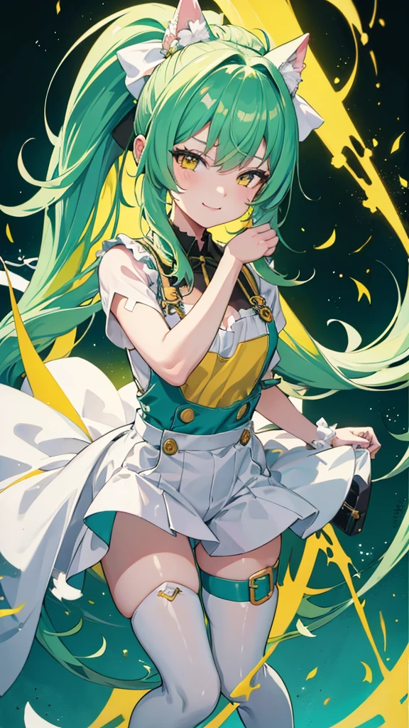 full body,1girl,green hair,yellow eyes,long ponytail,white suit,green overalls,紫の蝶ネクタイ,detailed face,central framing,mesugaki,hyper detailed,cinematic lighting,best quality,masterpiece,blue background