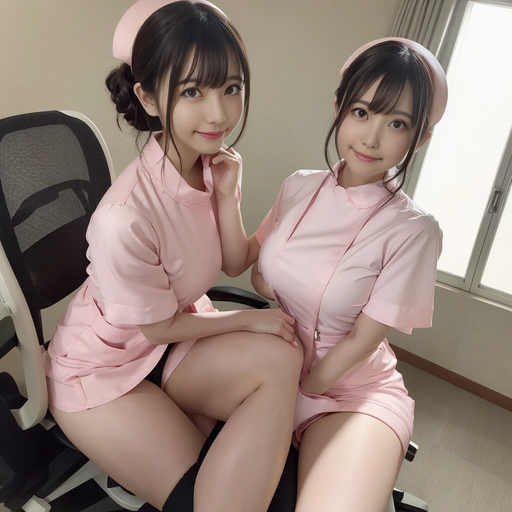 (Nurse Costume、Micro Mini Skirt、Ass、Black Hair、Big Ass、Inside the hospital、Knee-high socks、Panty Shot)、Extremely sexy、Glamorous Body、smile、Professional Lighting、Beautiful adult woman、Captivating thighs、Very large breasts、Cowboy Shot、Sitting in a chair
