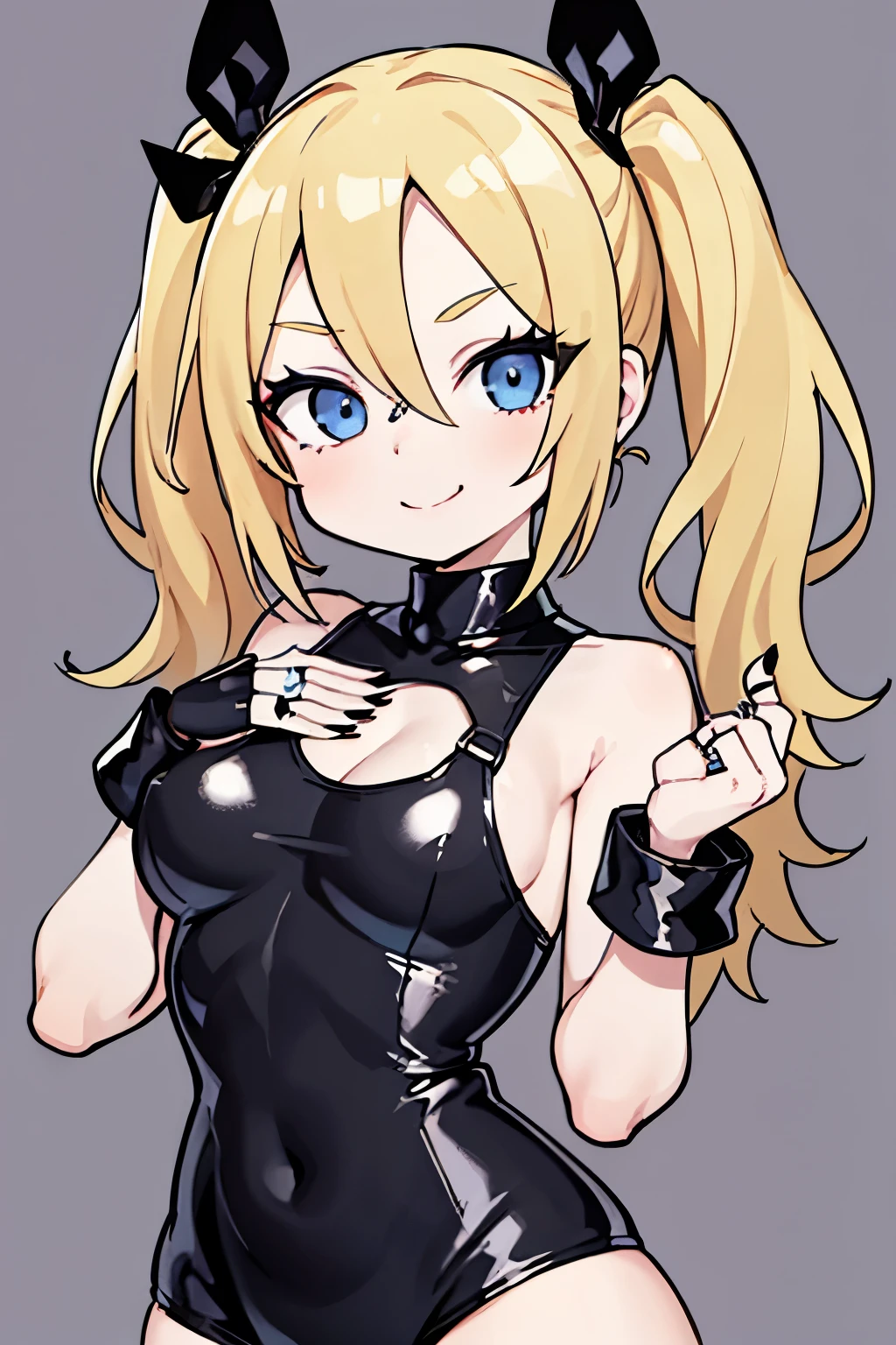 blonde girl with pigtails, wearing a black latex, black tank top, blue eyes, hand on chest, femme pose, sharp nails, rings on hand, simple background, smiling, red eye makeup, short pigtails, tight clothes, latex clothes, no bangs, no fringe, forehead