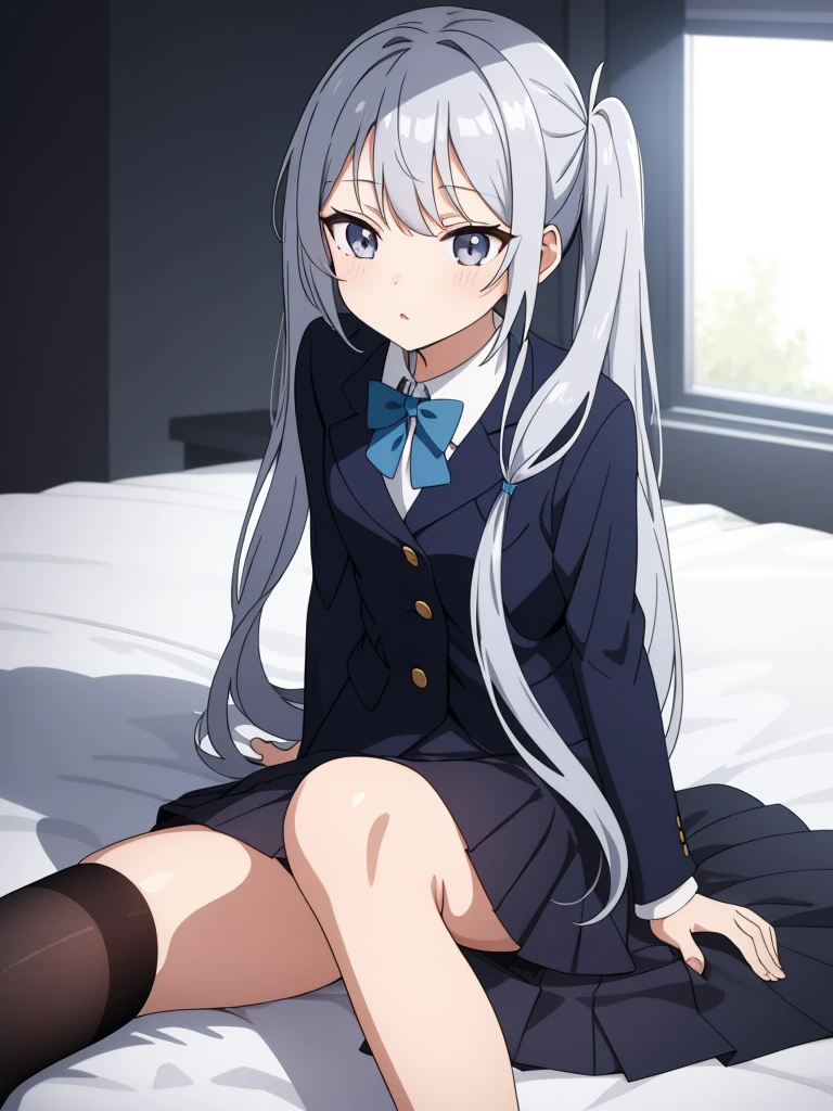 laying on the bed spreading leg, 1girl, anime girl, silver hair, long twintails, silver eyes, dark blue crop top school suit, black skirt with white line