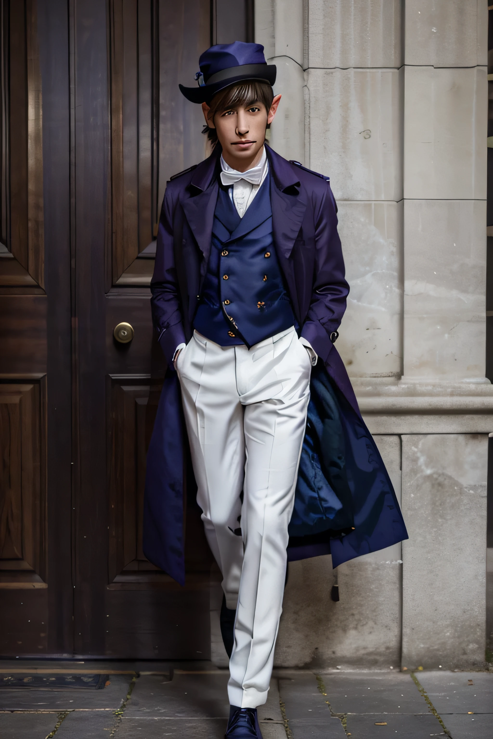 a half elf, Bardo, who uses a recorder, with purple trench coat, dark blue vest, a formal hat that matches his vest, White pants, and dark shoes, with a not very long belly, anime style.