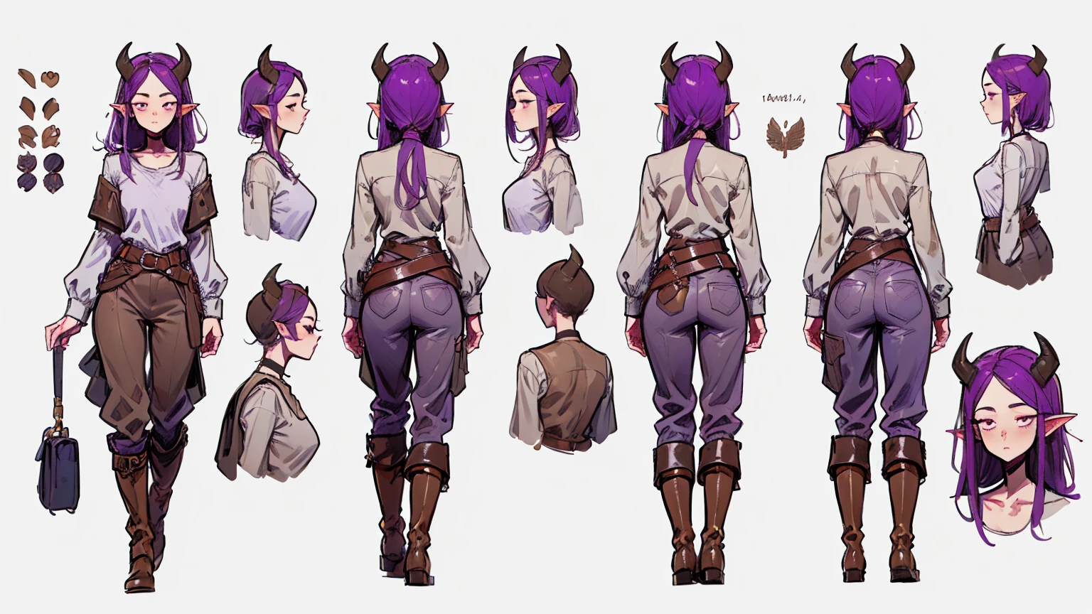 (Masterpiece, best quality), detailed, 1girl, ((character concept art)), ((character design sheet, same character, front, side, back)), many items, (Tiefling Girl, purple hair, purple skin, purple horns, flat chest, god, high, in a white linen shirt, in gray-brown pants with a belt, in leather boots, medieval clothing, stands tall