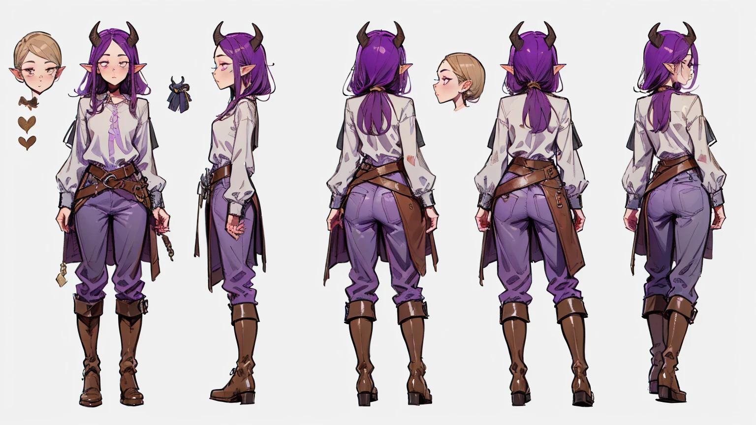 (Masterpiece, best quality), detailed, 1girl, ((character concept art)), ((character design sheet, same character, front, side, back)), many items, (Tiefling Girl, purple hair, purple skin, purple horns, flat chest, god, high, in a white linen shirt, in gray-brown pants with a belt, in leather boots, medieval clothing, stands tall