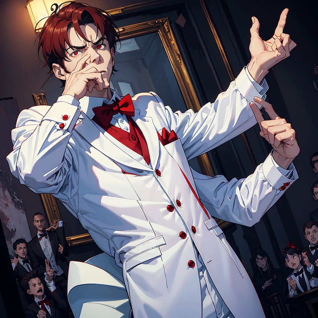 hypnotis maker comics Man. ((Standing)) His hands is up and fingers towards us, (He is standing) He is making hypnosis. He has Red eyes and white short hair, wearing white, his hands up and a bow tie. he is making hypnosis with his hand. Dracula style. comics anime style ((entire body)) (sarcastic face expressions)