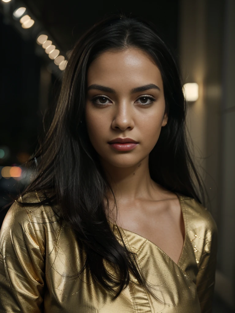 Low angle shot, award-winning glamorous photography,((best quality)), (((masterpiece)), ((realistic)), beautiful 28-year-old woman, (long black hair), A hospitalwith surreal details, a golden path,, brown eyes, small, regular breasts, (Low angle shot), a beautiful woman wearing A surgeon's uniform in gold,a summer night, dark sky, dark starry sky, dramatic composition, epic scale, sense of awe, ultra-high res.photorealistic:.1.4, (high detailed skin:1.2), 8k uhd, dslr, high quality, film grain, Fujifilm XT