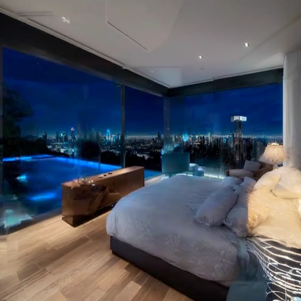 arafed bedroom with a view of the city lights and a pool, gorgeous view, great view, overlooking a modern city, chill time. good view, stunning vista, architectural masterpiece, amazing view, stunning view, paradise in the background, luxurious environment, expansive view, ultra modern, epic view, in a bedroom!!!!!!!!!!!!!!!!!!!!, nighttime!!!!!!, sweeping vista