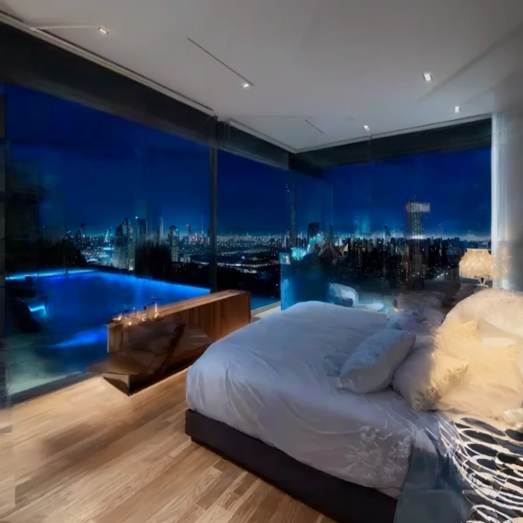 arafed bedroom with a view of the city lights and a pool, gorgeous view, great view, overlooking a modern city, chill time. good view, stunning vista, architectural masterpiece, amazing view, stunning view, paradise in the background, luxurious environment, expansive view, ultra modern, epic view, in a bedroom!!!!!!!!!!!!!!!!!!!!, nighttime!!!!!!, sweeping vista