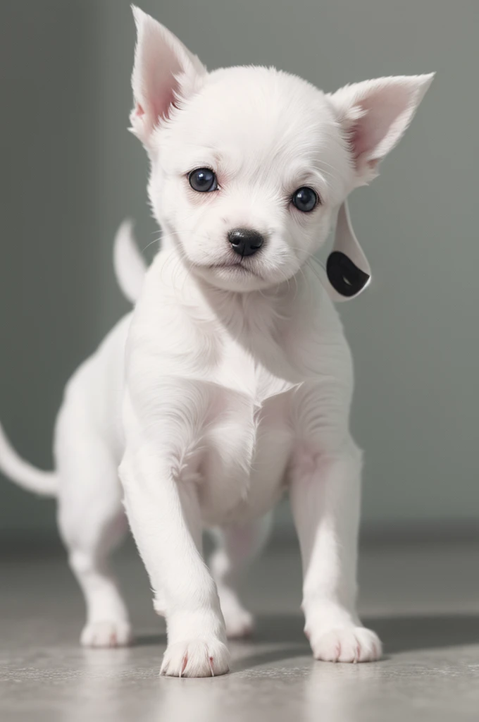 A small white pinscher puppy with black spot