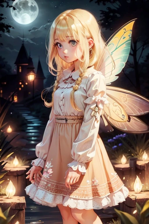 a fairy, blonde hair, night, full clothes 