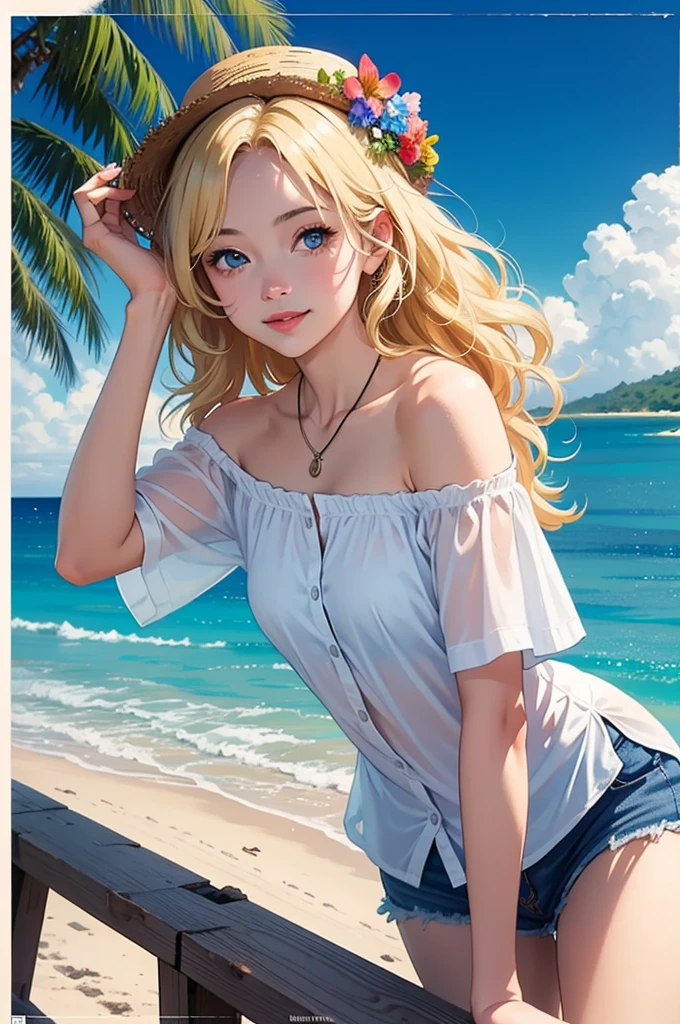Rococo style, (movie poster:1.2), soft lighting, (elevation angle:1.25), (alone:1.4), (1 girl), ((blonde hair), long curly hair), blue eyes, (smile), beach straw hat, (off shoulder shirt), hat flower, (looking to the side:1.3), Fantastic and colorful, Ocean, Palm tree, blue sky with clouds, (beach:1.3), (masterpiece:1.2), super detailed, (highest quality), figure, (Depth of bounds written)