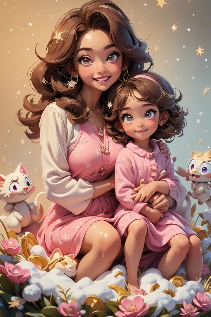 A captivating anime scene with two charming little girls smiling ((brunette and blonde), the oldest a 7 year old girl with brown and purple curly hair and the youngest a 2 year old baby with blonde and pink hair showing a charming smile. The two characters are sitting on top of a snowy mountain, surrounded by fluttering snowflakes and twinkling stars. Despite the icy and fiery nature of the characters, the atmosphere exudes warmth and affection.