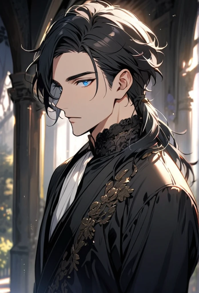 Handsome, solo, 1 man, black hair, blue eyes, 1 man, handsome, male, beautiful hair, detailed