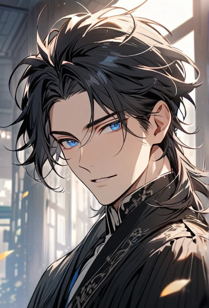Handsome, solo, 1 man, black hair, blue  eyes, 1 man, handsome, male, beautiful hair, detailed 