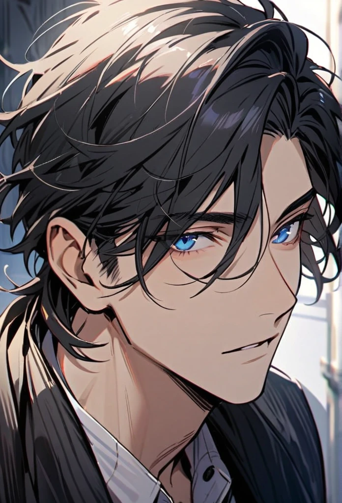 Handsome, solo, 1 man, black hair, blue eyes, 1 man, handsome, male, beautiful hair, detailed
