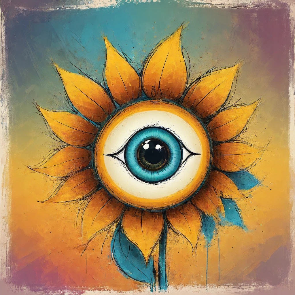 vectorial art, Colorful illustration with sunflowers surrounded by eyes, swirly vibrant colors,Dark wind background