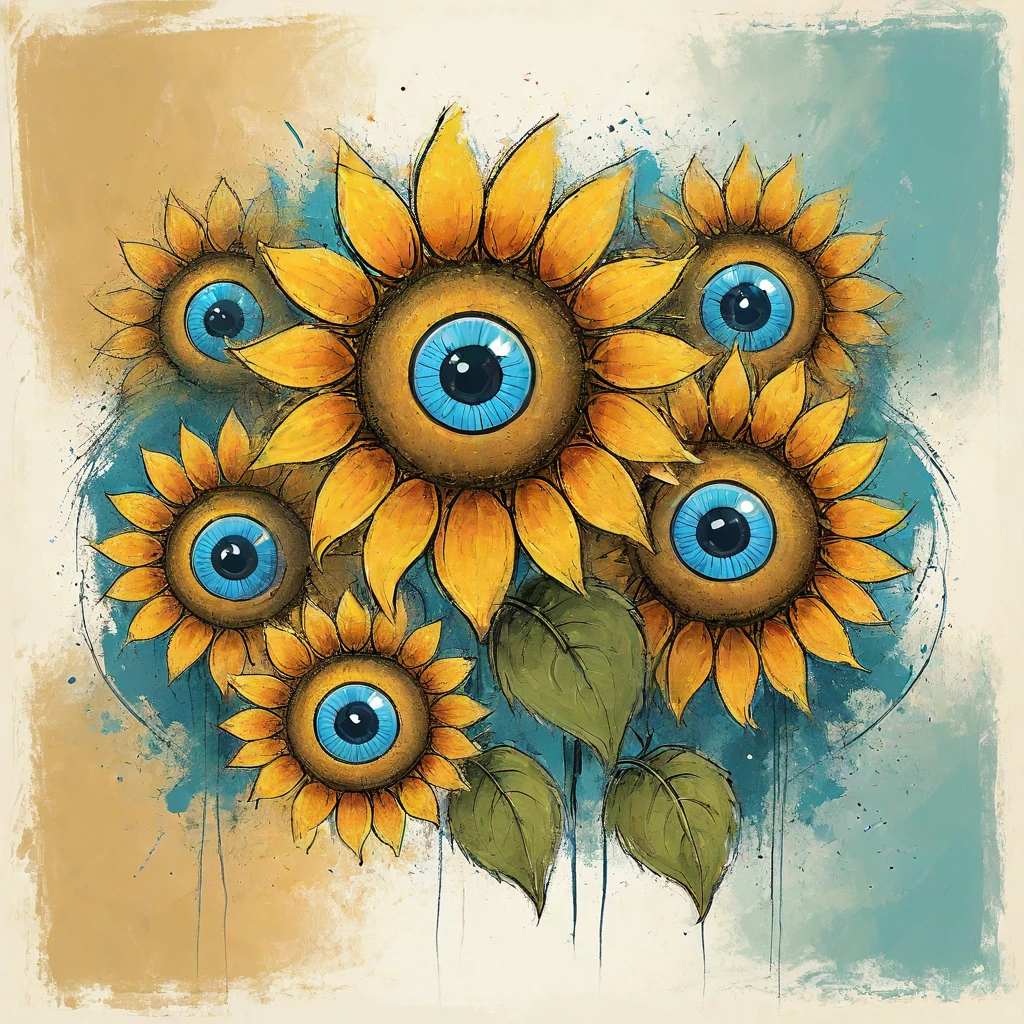 vectorial art, Colorful illustration with sunflowers surrounded by eyes, swirly vibrant colors,Dark wind background