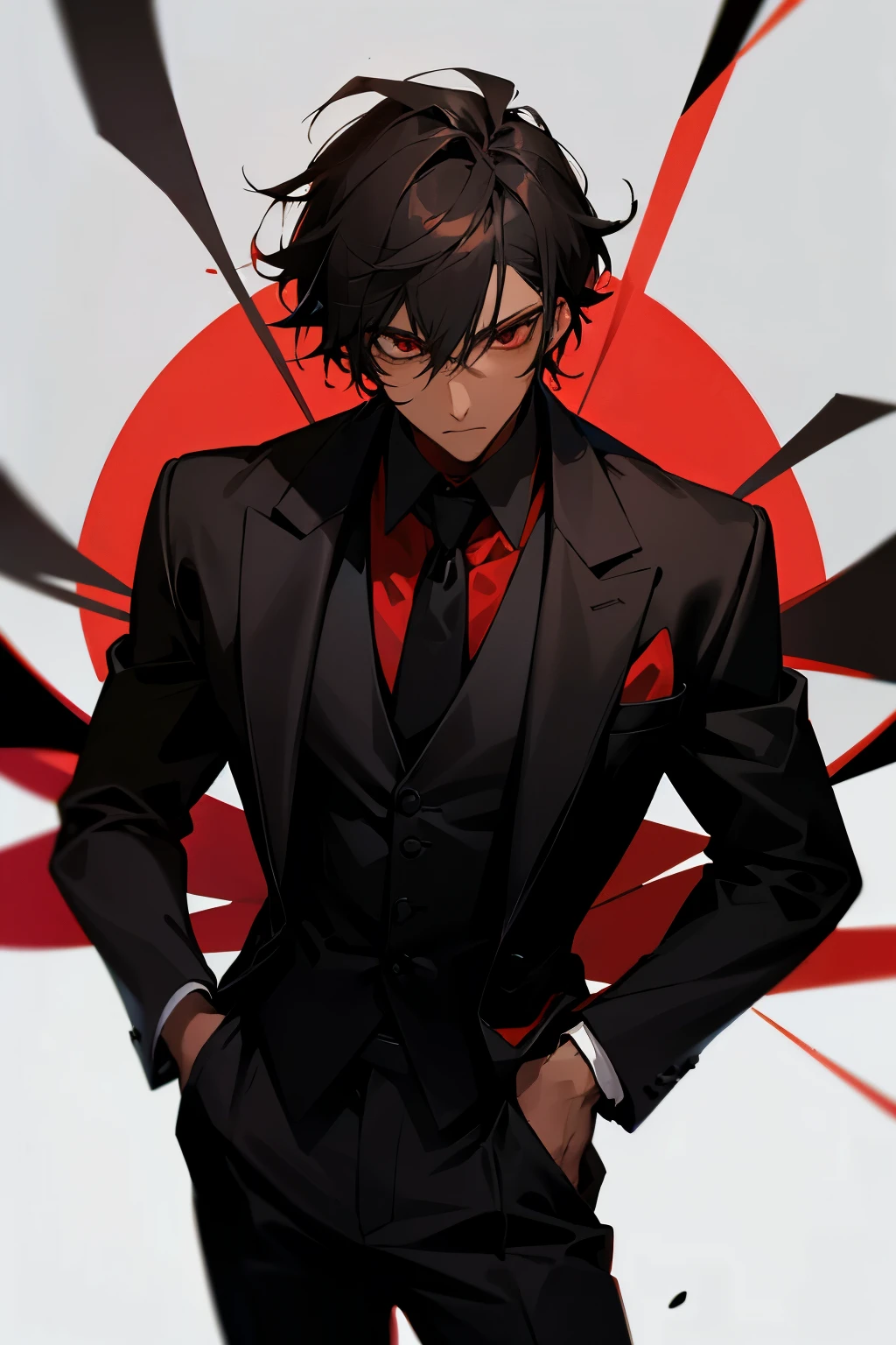 A man, black fur, BROWN SKIN, Red eyes,Black tuxedo with red tie,