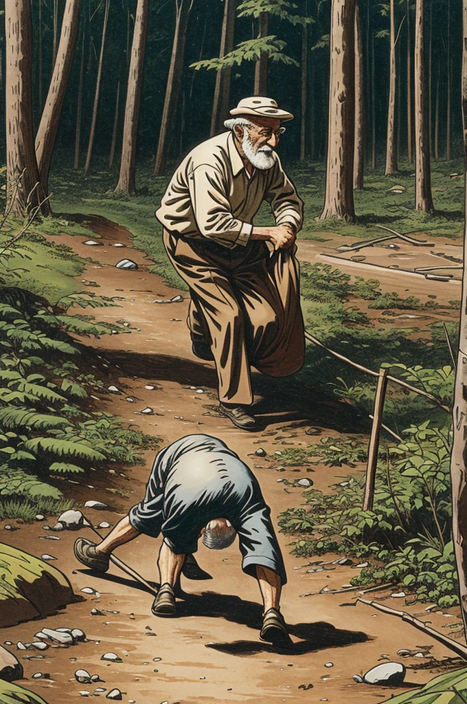 Cartoon of an old man dragging himself to a source of life