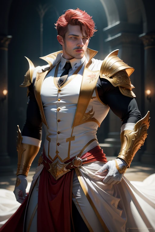Mesa, Ultra-detailed photographs of beautiful male humanoid dragons., 1 way, (((man))), perfectly drawn face, Wearing a luxurious white suit, Riding a red horse with a spear.,luxury gloves, 8K resolution, photorealistic, Ultra quality, wide, Extravagant detailed background, Covered navel, 32k, short red hair, full lips, curvy man, perfect anatomy, cinematic lighting, intrinsically detailed, white tetradic color, volumetric lighting