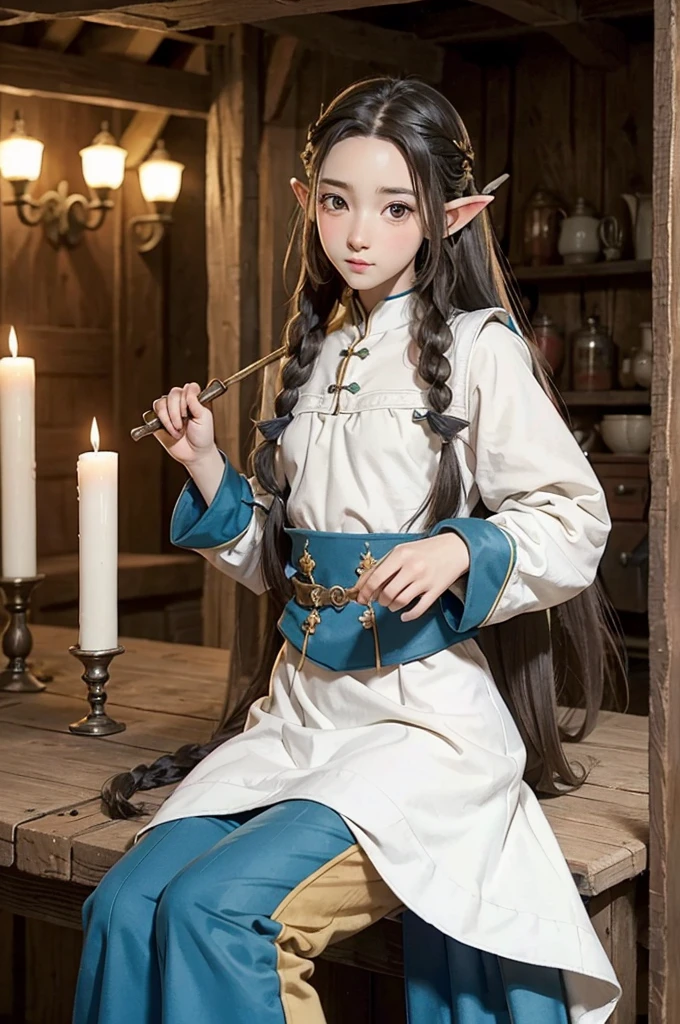 elf, young cute boy, long hair, braids, young, cute, ,medieval clothes, black and white clothes, jester, tanned skjin